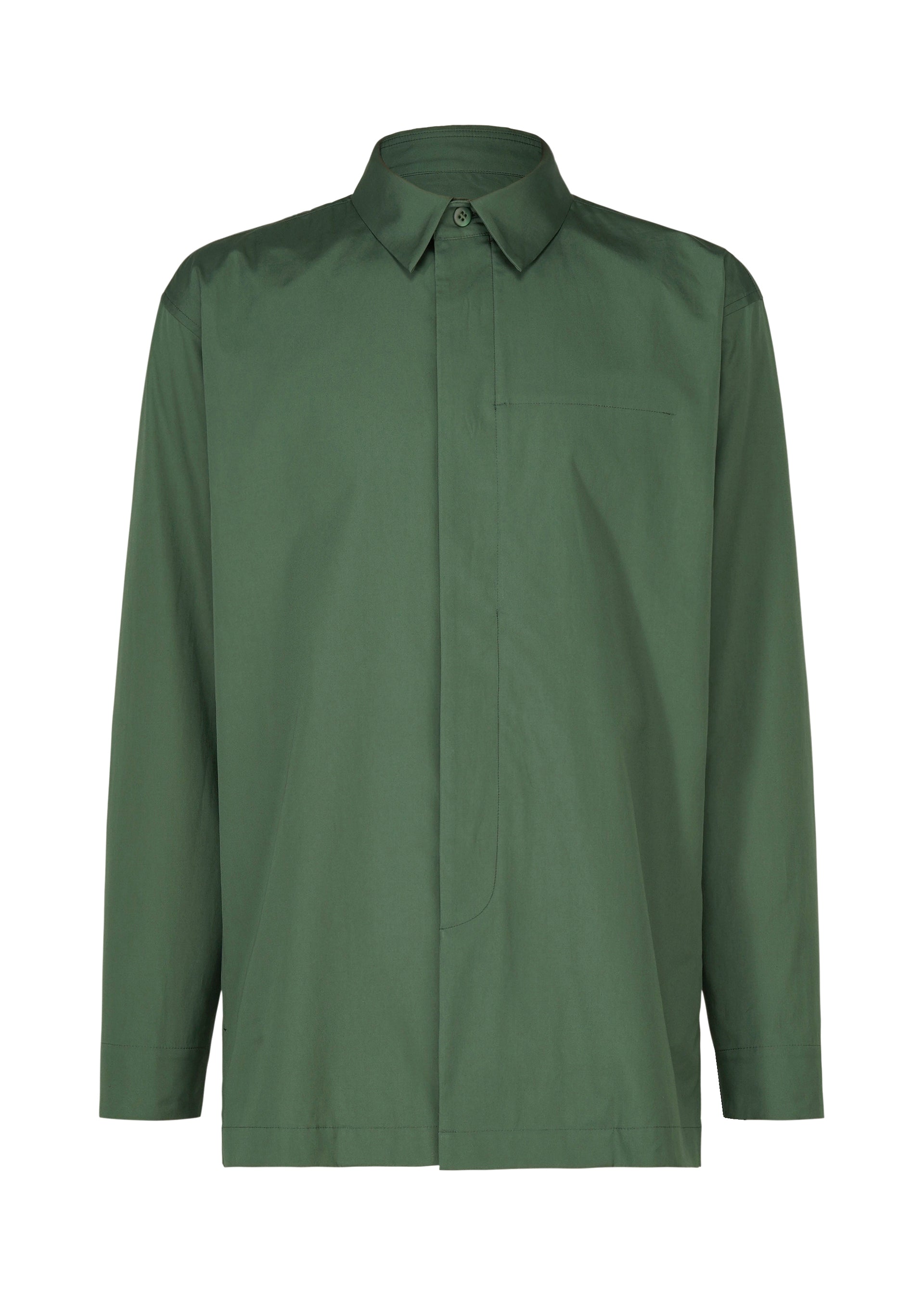 Zoomed view The IM MEN 140/2 SHIRT is a solid dark green, long-sleeved shirt made from premium 140s cotton, featuring a regular pointed collar, concealed front placket, minimalist design, single chest pocket, and no visible branding. - GREEN （no.62）
