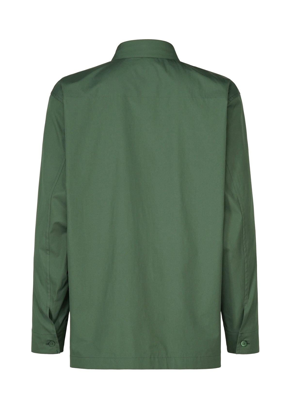 The IM MEN 140/2 SHIRT is a green, long-sleeved shirt shown from the back, featuring a regular collar, buttoned cuffs, and a straight hem. Made from fine 140s cotton, it has a simple, classic design with no visible patterns or logos. view 4 of 9
