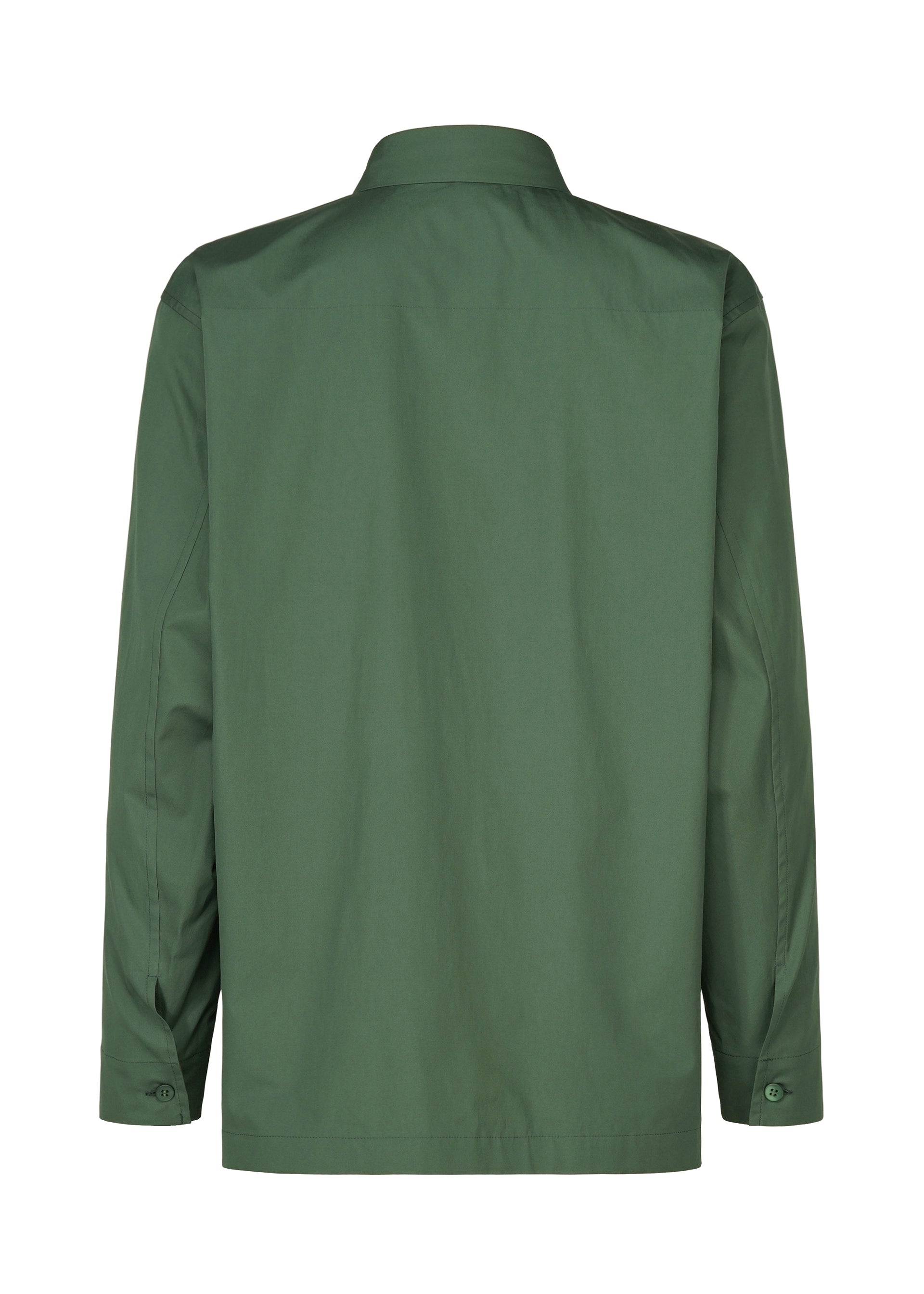 Zoomed view The IM MEN 140/2 SHIRT is a green, long-sleeved shirt shown from the back, featuring a regular collar, buttoned cuffs, and a straight hem. Made from fine 140s cotton, it has a simple, classic design with no visible patterns or logos.