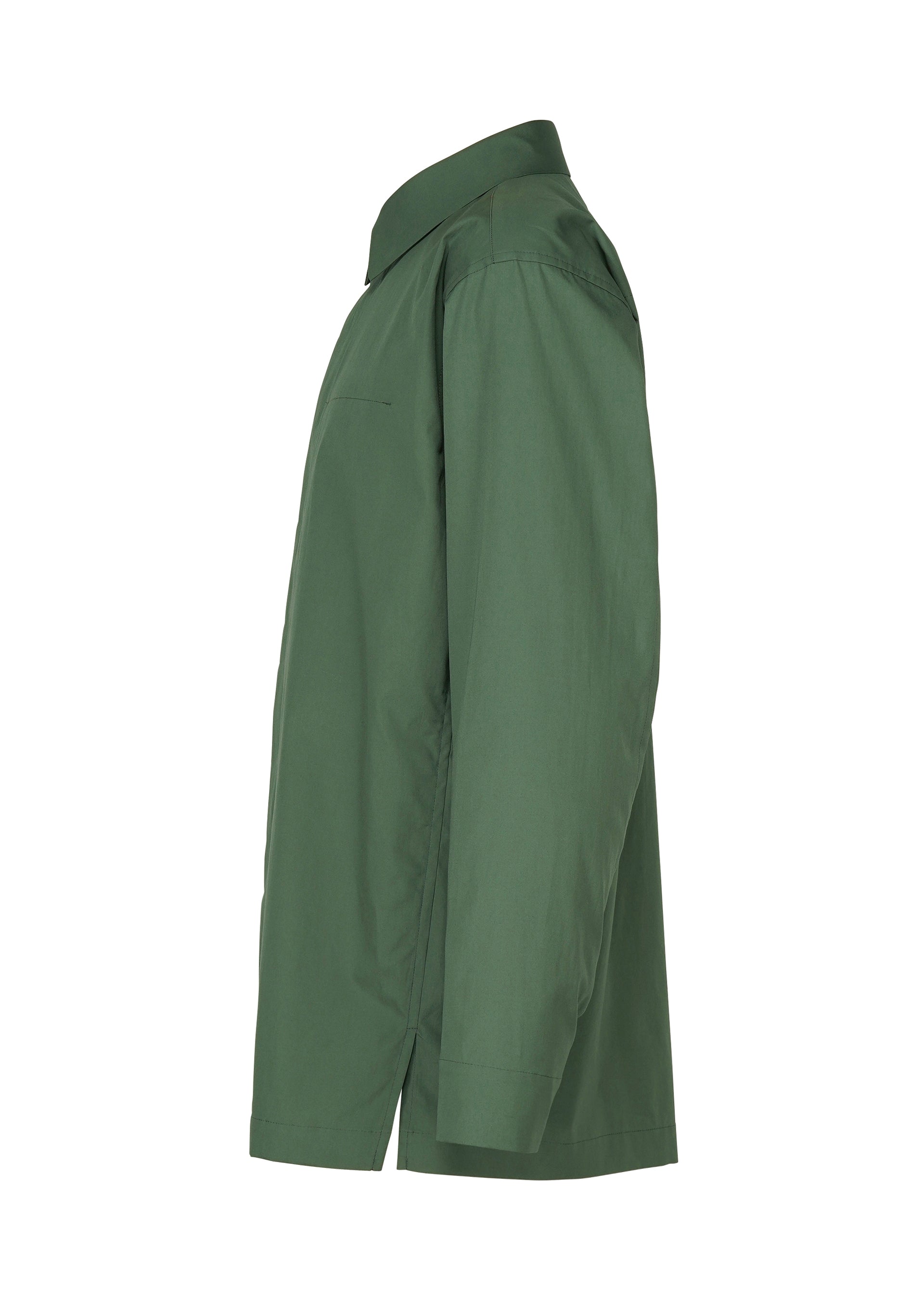 Zoomed view Side view of the IM MEN 140/2 SHIRT, a green long-sleeved button-up with a regular collar and straight hem in premium 140s cotton, shown against a plain white background.
