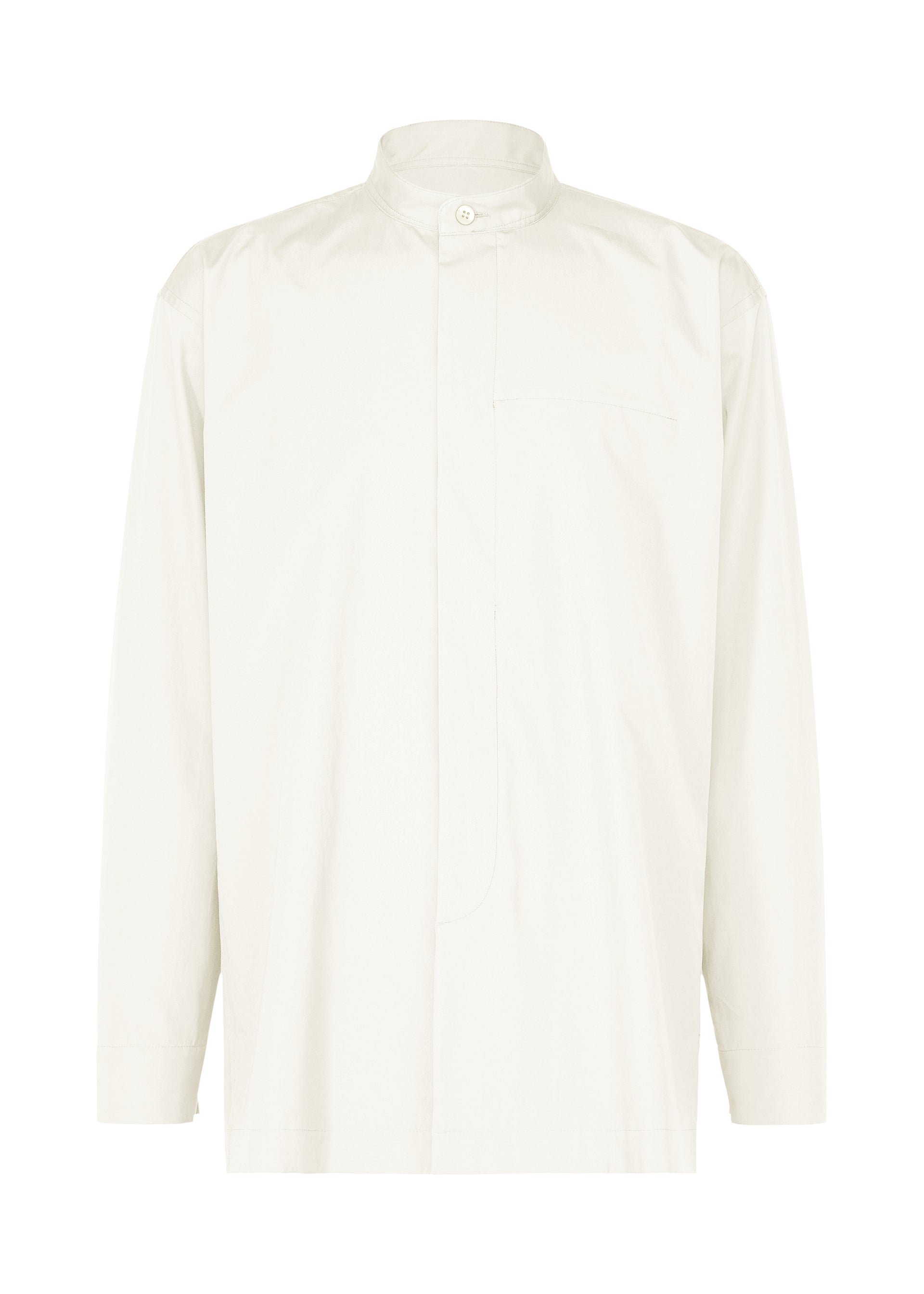 Zoomed view The IM MEN 140/2 SHIRT is a long-sleeved, two-ply cotton shirt with a mandarin collar, concealed button placket, and chest pocket, shown on a plain white background. - WHITE （no.01）