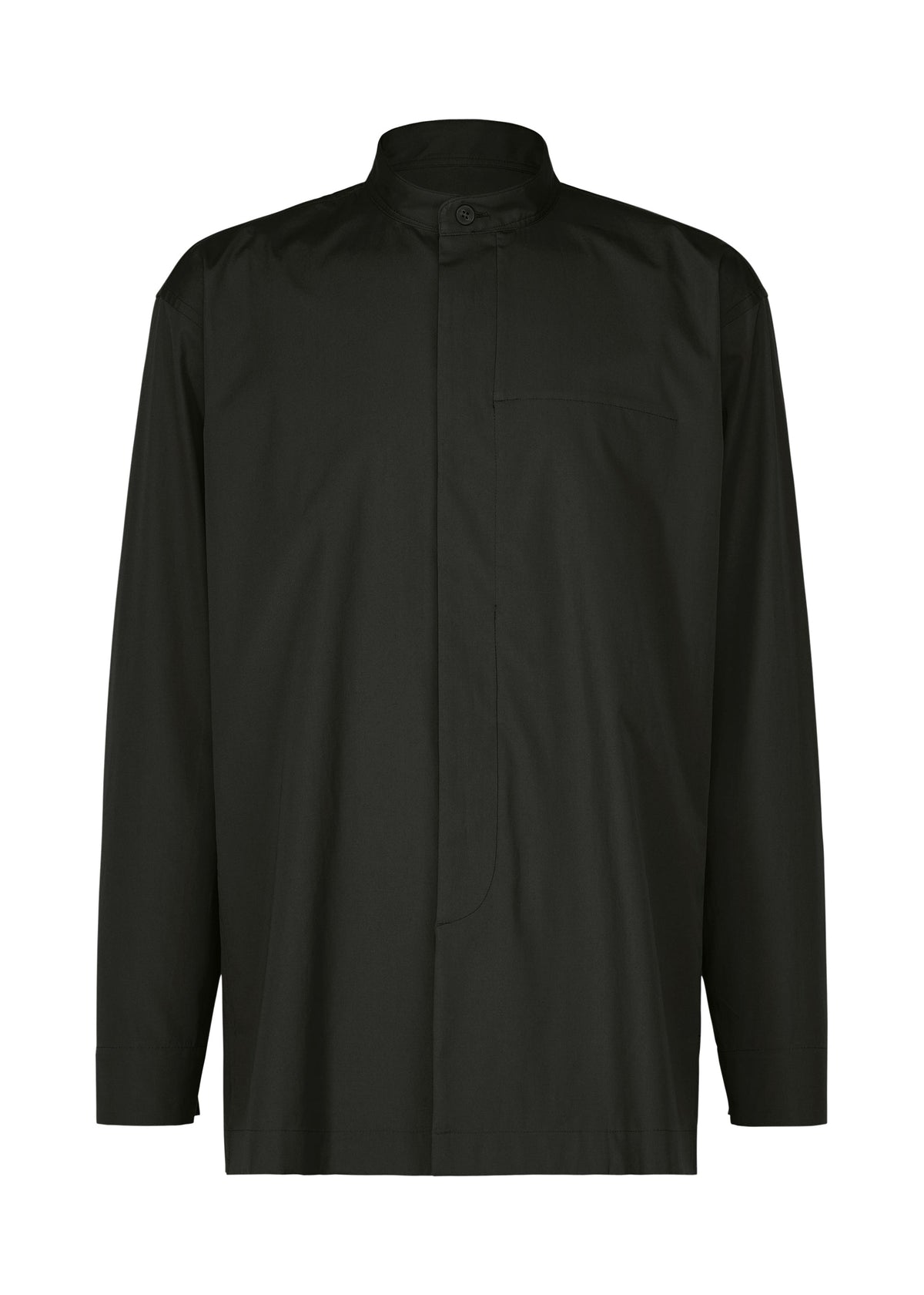 The IM MEN 140/2 SHIRT is a black, long-sleeved two-ply cotton shirt with a mandarin collar, hidden button placket, and single chest pocket, shown on a white background. view 2 of 9