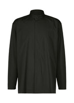 The IM MEN 140/2 SHIRT is a black, long-sleeved two-ply cotton shirt with a mandarin collar, hidden button placket, and single chest pocket, shown on a white background. - BLACK （no.15）