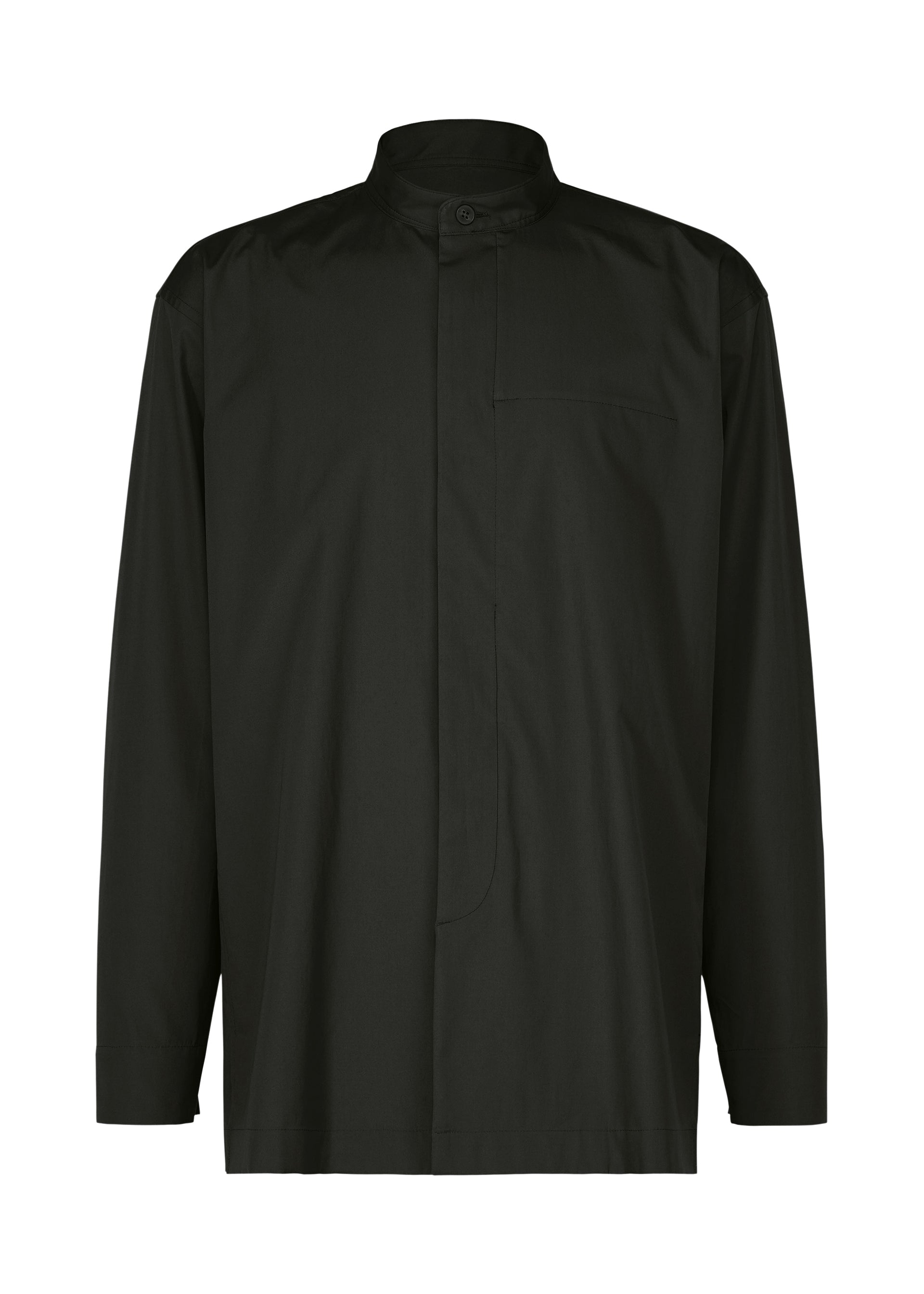 Zoomed view The IM MEN 140/2 SHIRT is a black, long-sleeved two-ply cotton shirt with a mandarin collar, hidden button placket, and single chest pocket, shown on a white background. - BLACK （no.15）