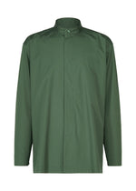 The IM MEN 140/2 SHIRT is a long-sleeved, forest green cotton shirt featuring a band collar, concealed buttons, and a minimalist design with a left chest pocket.