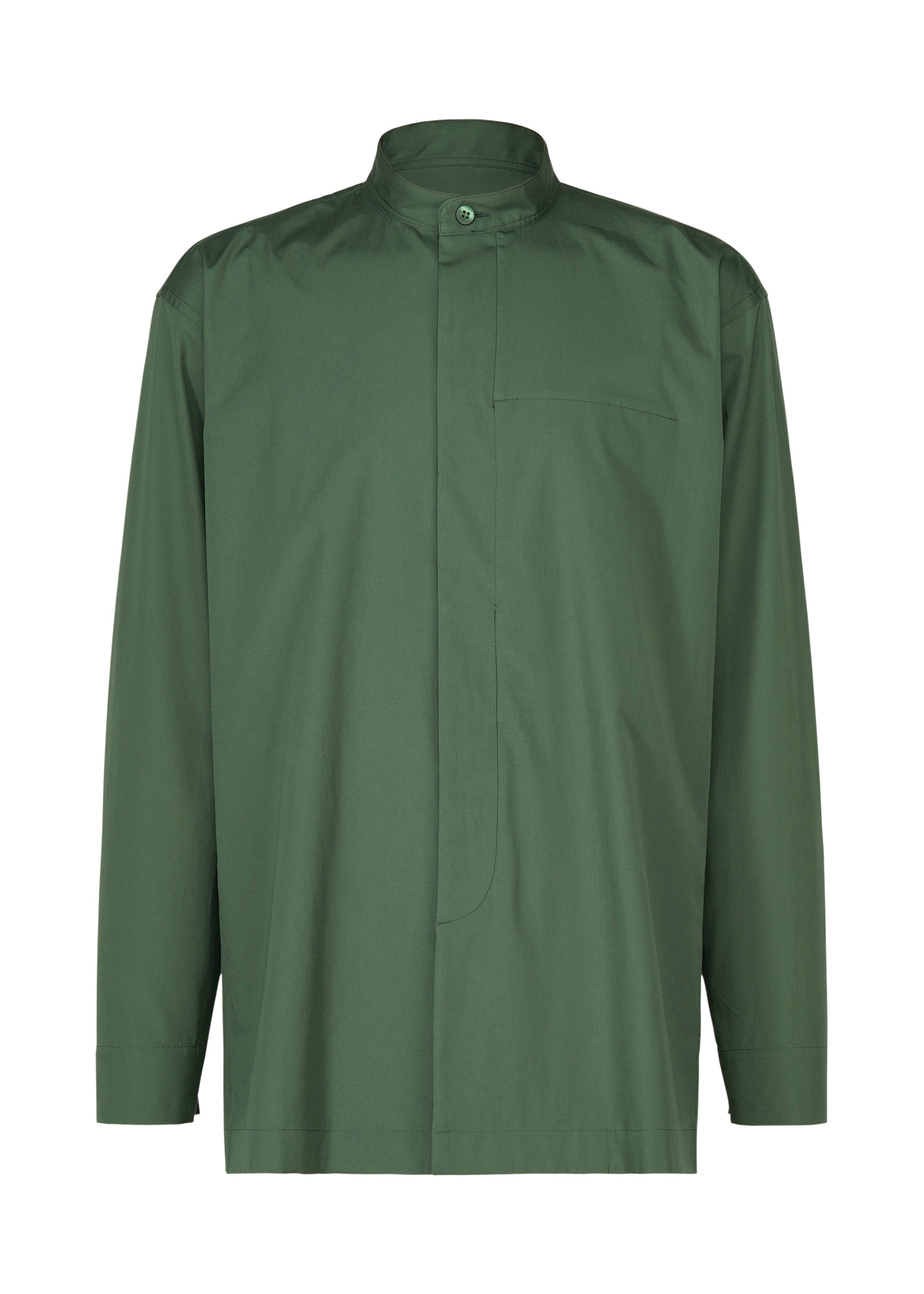 Zoomed view The IM MEN 140/2 SHIRT is a long-sleeved, forest green cotton shirt featuring a band collar, concealed buttons, and a minimalist design with a left chest pocket.