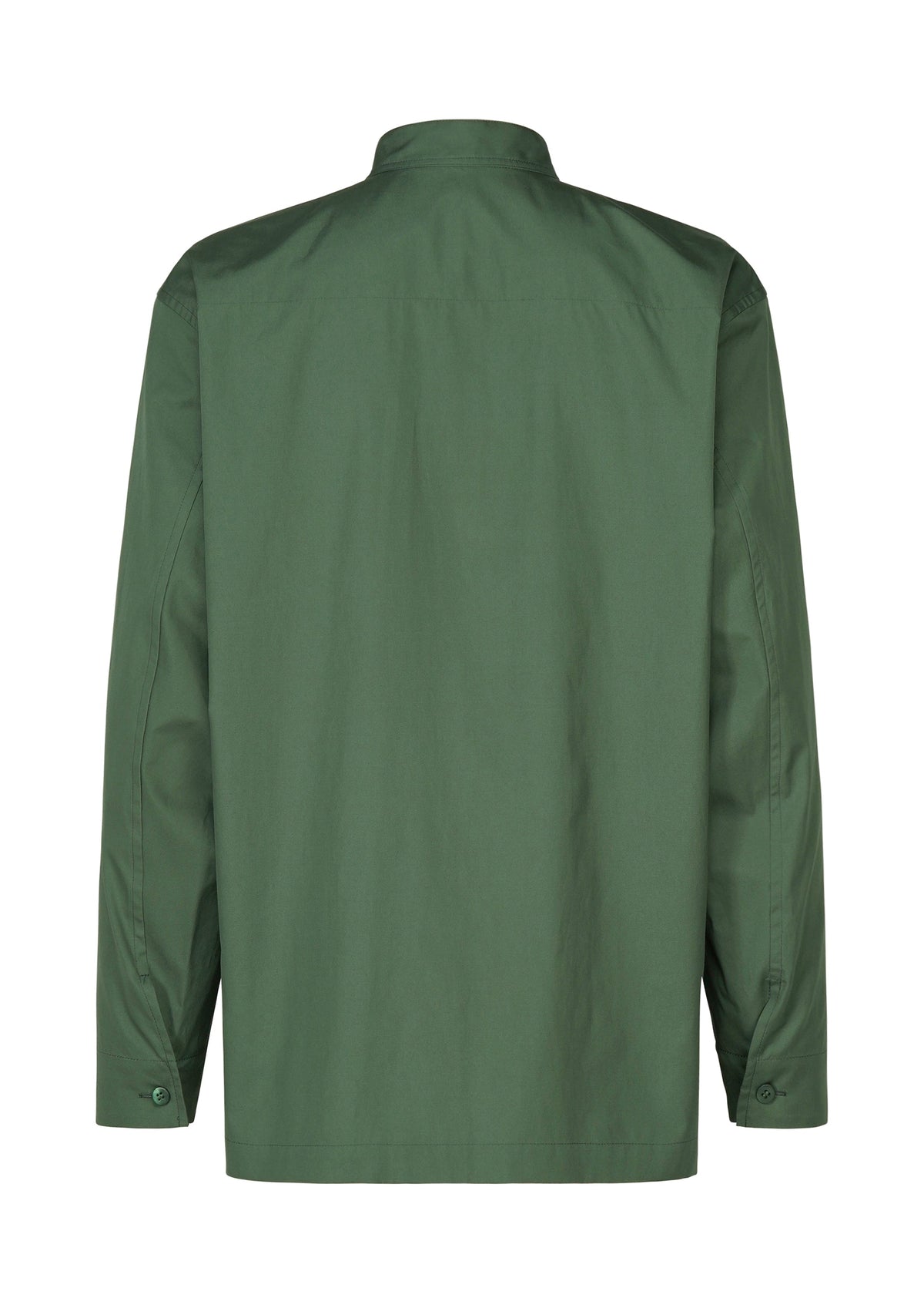 The 140/2 SHIRT by IM MEN is displayed from the back, featuring a plain, long-sleeved forest green design in soft two-ply cotton with a straight collar and buttoned cuffs. view 4 of 9