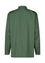 The 140/2 SHIRT by IM MEN is displayed from the back, featuring a plain, long-sleeved forest green design in soft two-ply cotton with a straight collar and buttoned cuffs.