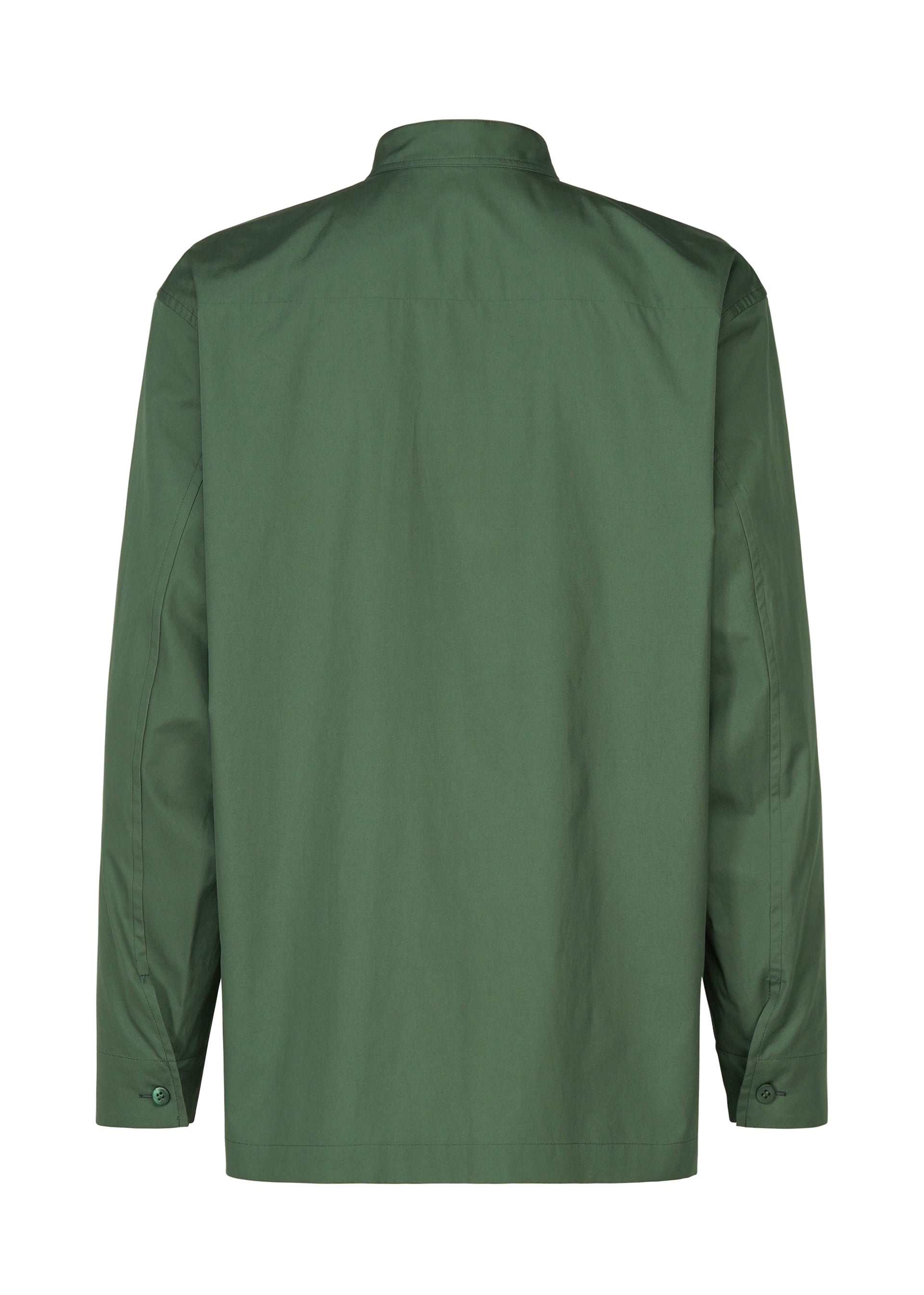 Zoomed view The 140/2 SHIRT by IM MEN is displayed from the back, featuring a plain, long-sleeved forest green design in soft two-ply cotton with a straight collar and buttoned cuffs.
