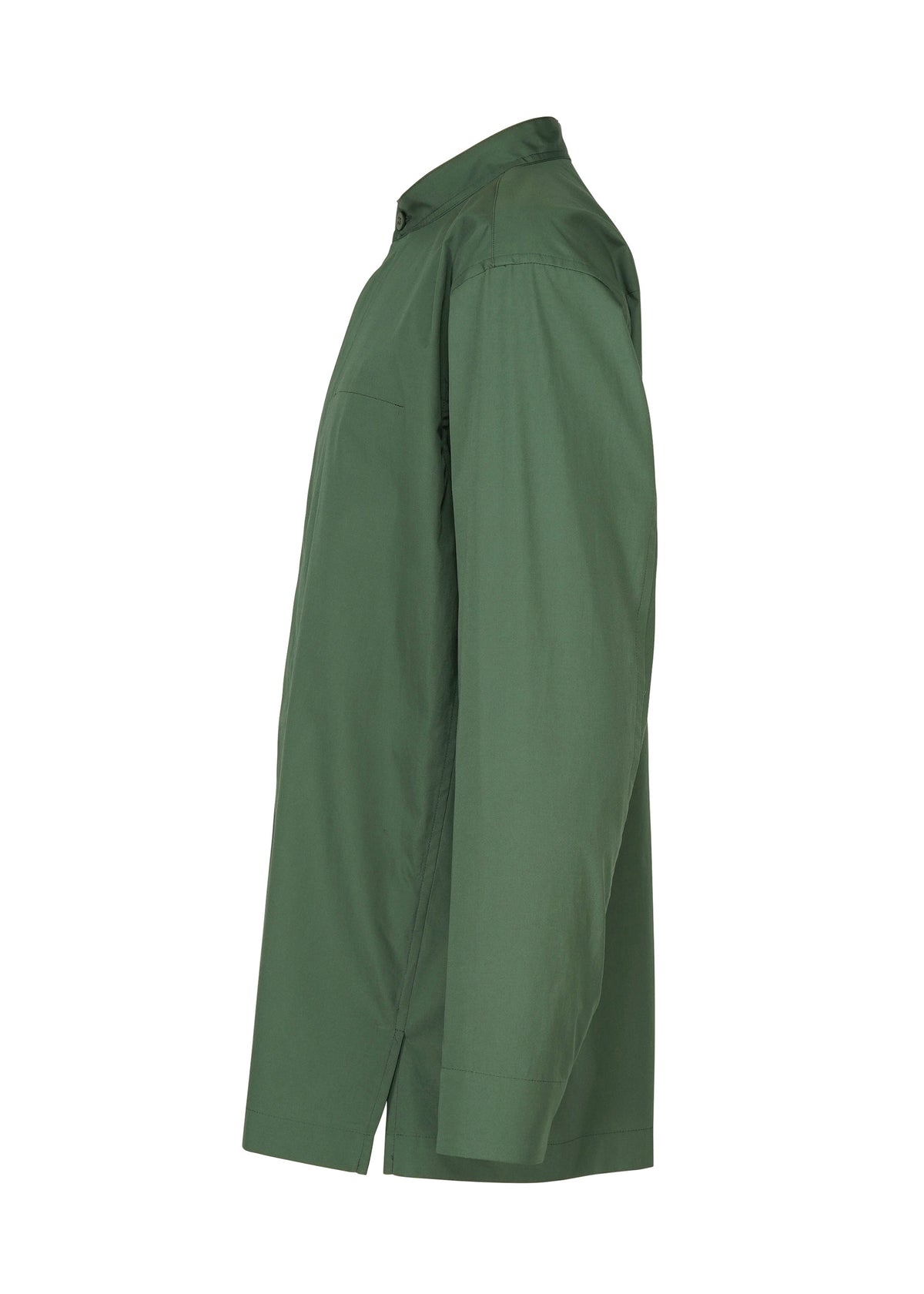 The IM MEN 140/2 SHIRT is a long-sleeve, forest green button-up with a stand-up collar and straight hem, made from breathable two-ply cotton and shown in a side view. view 5 of 9