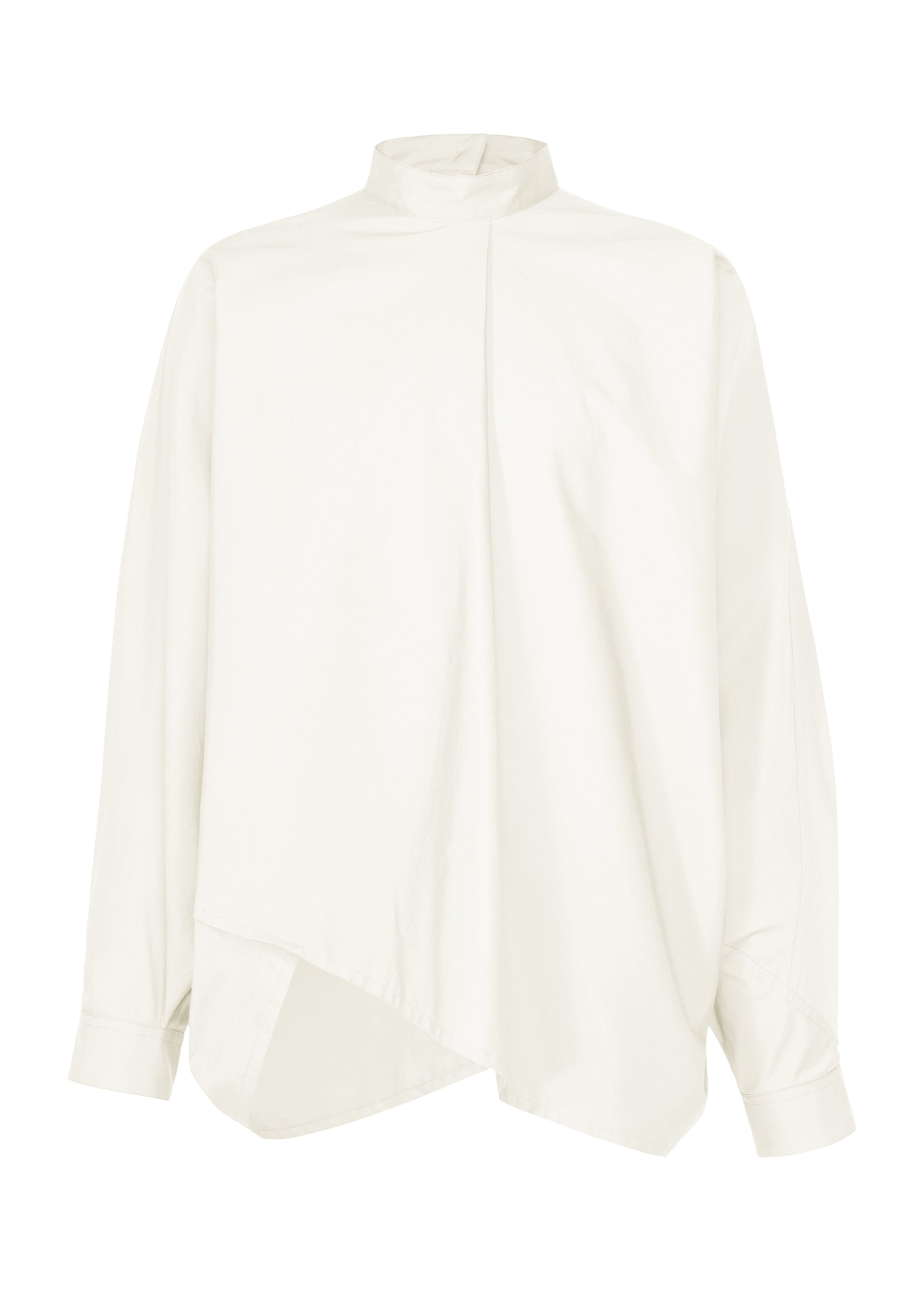 Zoomed view The IM MEN 140/2 SHIRT is a white long-sleeve blouse featuring a band collar, asymmetrical hem, buttoned cuffs, and a relaxed silhouette crafted from smooth, lightweight fabric. - WHITE （no.01）