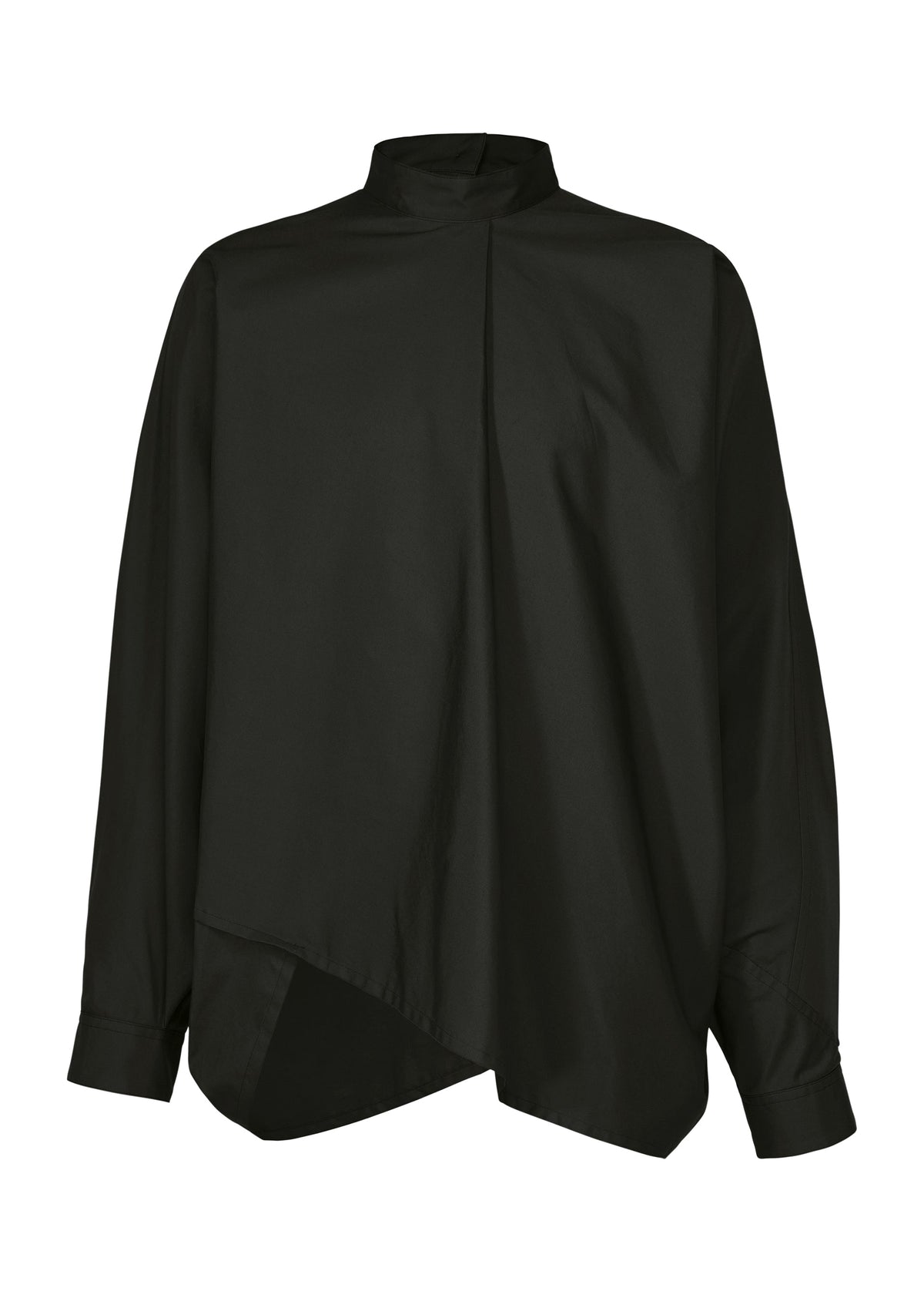 The IM MEN 140/2 SHIRT is a black long-sleeve blouse with a high neckline, relaxed silhouette, asymmetrical hem, oversized sleeves, and buttoned cuffs. Crafted from two-ply cotton for effortless style. view 2 of 9