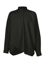 The IM MEN 140/2 SHIRT is a black long-sleeve blouse with a high neckline, relaxed silhouette, asymmetrical hem, oversized sleeves, and buttoned cuffs. Crafted from two-ply cotton for effortless style. - BLACK （no.15）