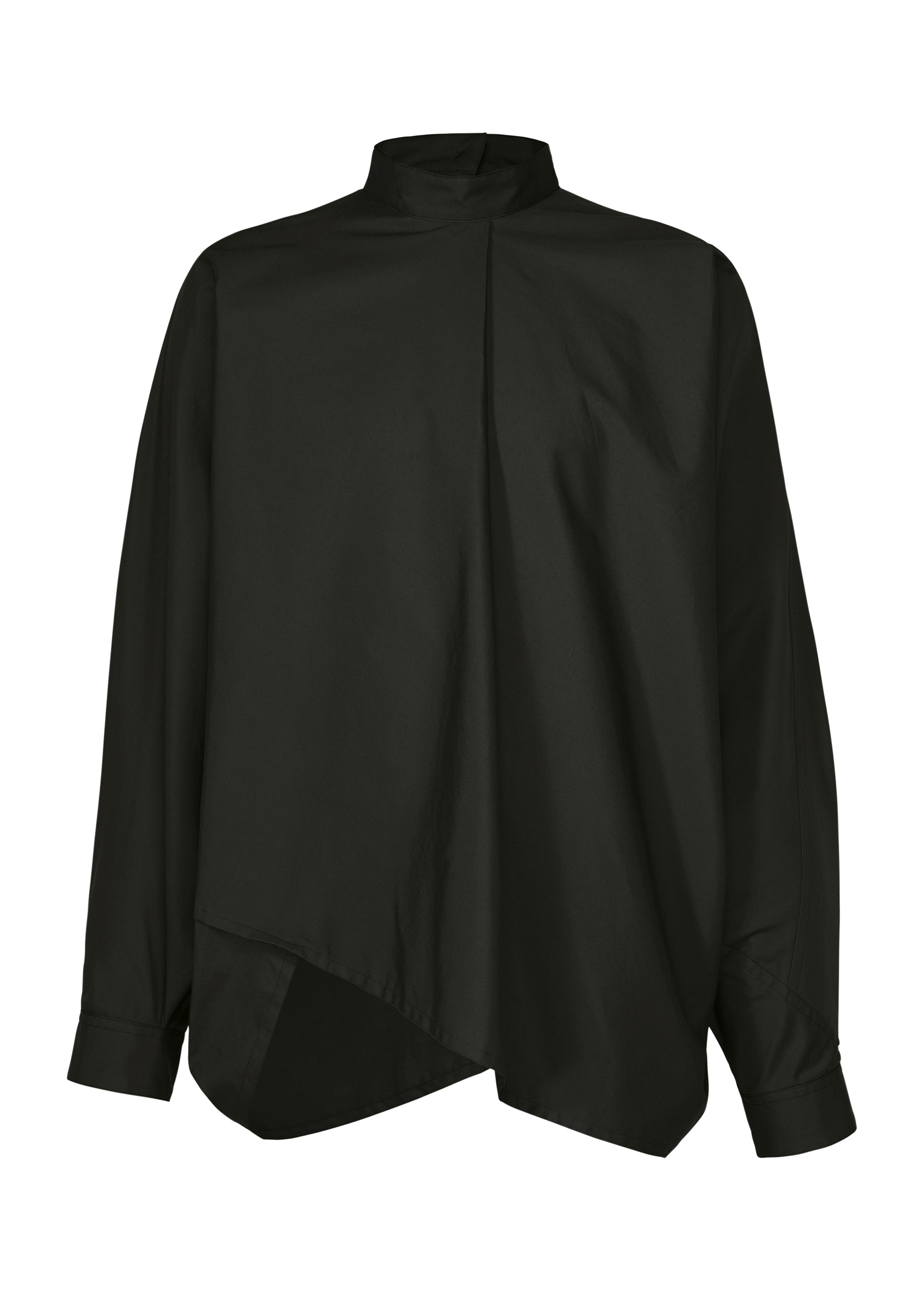 Zoomed view The IM MEN 140/2 SHIRT is a black long-sleeve blouse with a high neckline, relaxed silhouette, asymmetrical hem, oversized sleeves, and buttoned cuffs. Crafted from two-ply cotton for effortless style. - BLACK （no.15）