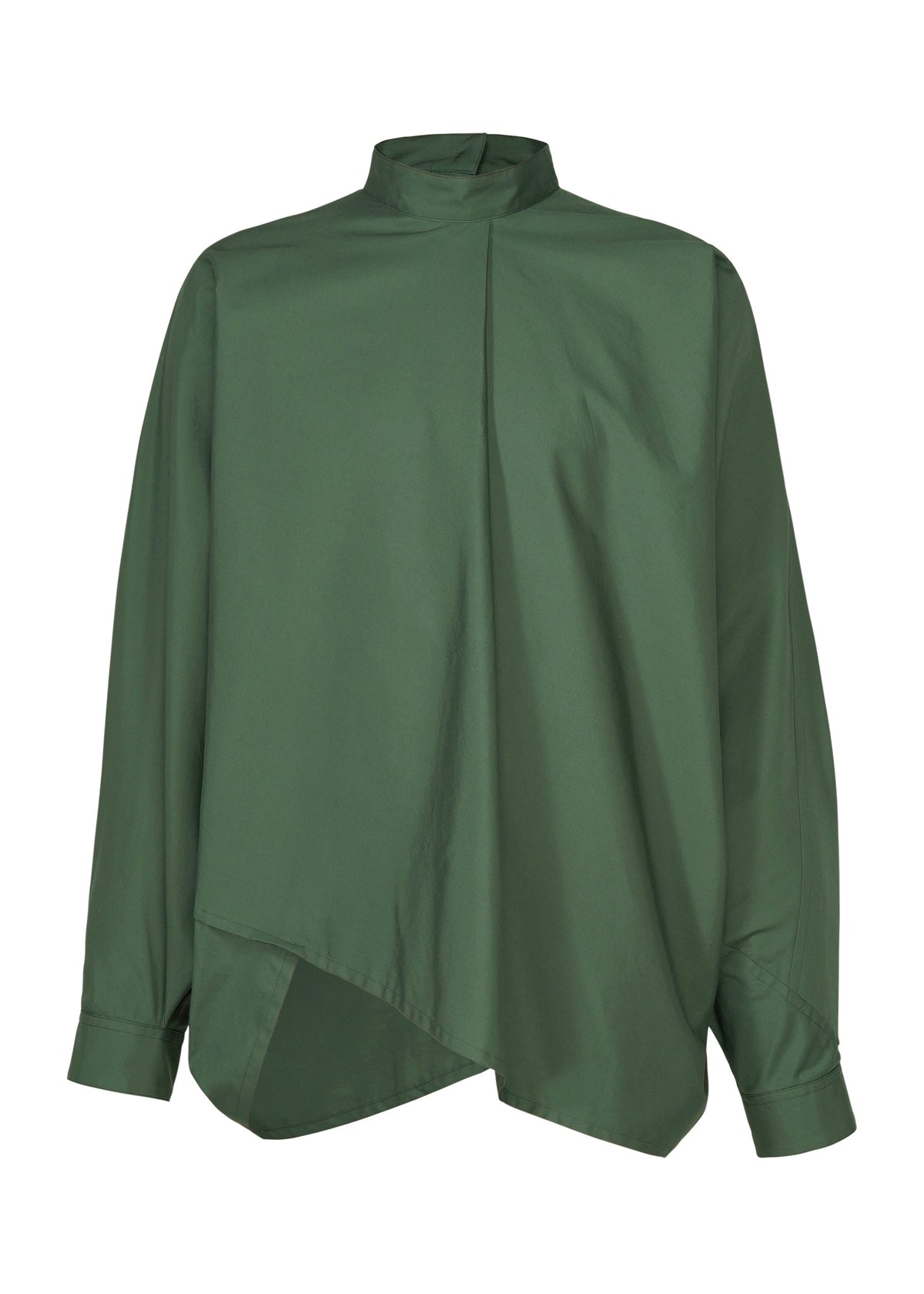 The IM MEN 140/2 SHIRT is a dark green, long-sleeved band collar shirt with a high neck, asymmetrical hem, relaxed fit, slight sheen, buttoned cuffs, and soft two-ply cotton for comfort. view 3 of 9