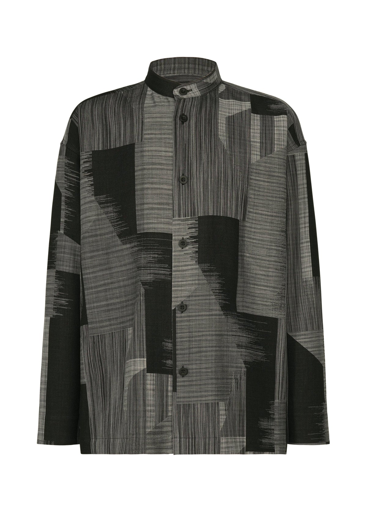 The IM MEN KASURI jacket is a black and gray button-up featuring an abstract geometric pattern of vertical and diagonal lines with brush-like blocks, reminiscent of traditional Kasuri weaving techniques. view 1 of 8