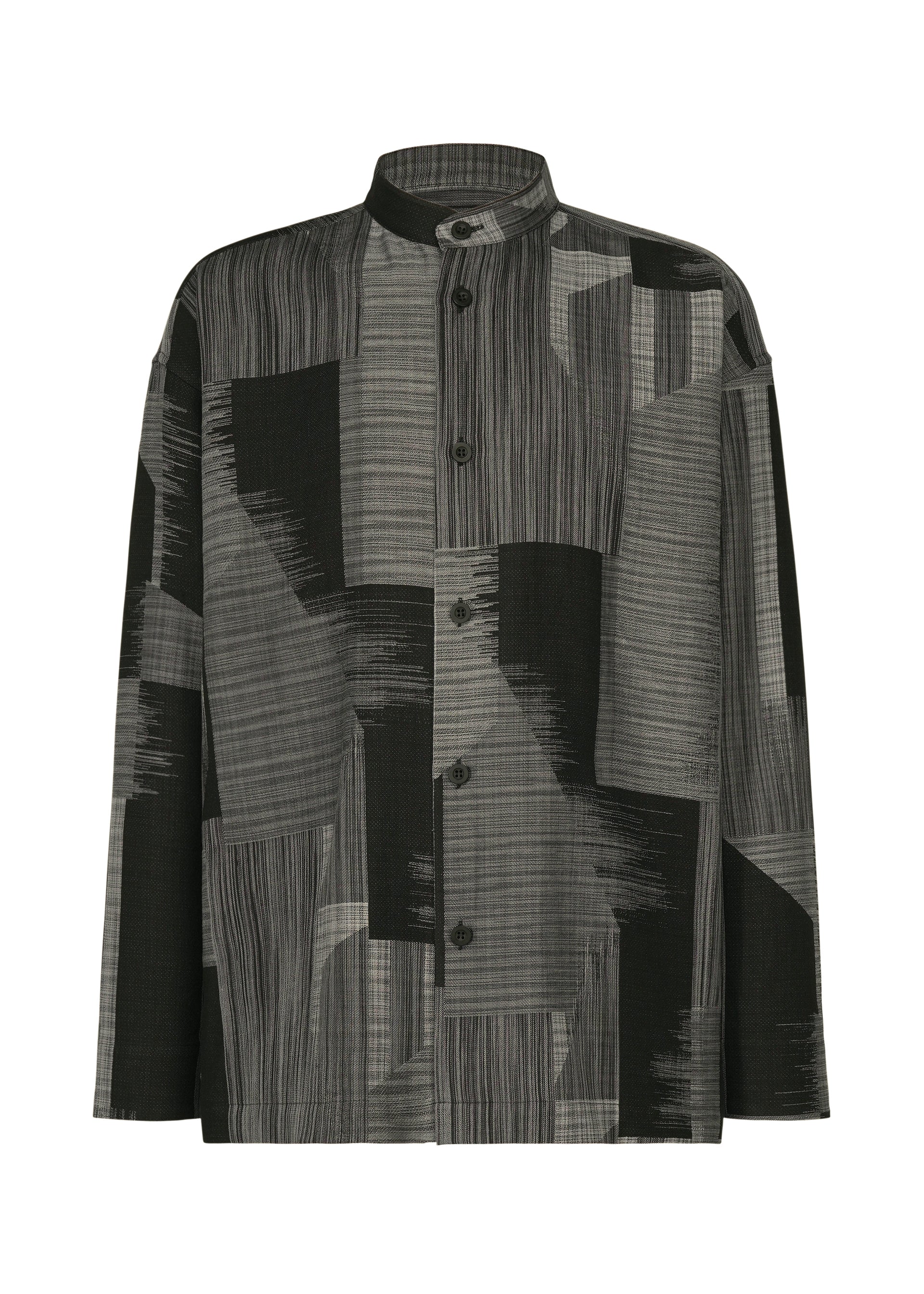 Zoomed view The IM MEN KASURI jacket is a black and gray button-up featuring an abstract geometric pattern of vertical and diagonal lines with brush-like blocks, reminiscent of traditional Kasuri weaving techniques. - BLACK （no.15）