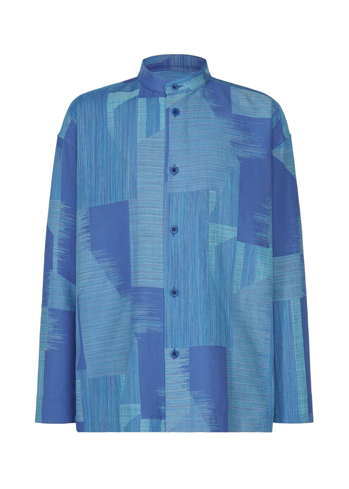 Introducing KASURI by IM MEN: a long-sleeve button-up shirt with a mandarin collar, crafted in a range of blue tones and adorned with an abstract geometric pattern inspired by traditional Kasuri weaving. This standing collar shirt seamlessly fuses timeless craftsmanship with contemporary design. view 2 of 8