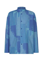 Introducing KASURI by IM MEN: a long-sleeve button-up shirt with a mandarin collar, crafted in a range of blue tones and adorned with an abstract geometric pattern inspired by traditional Kasuri weaving. This standing collar shirt seamlessly fuses timeless craftsmanship with contemporary design. - BLUE （no.72）