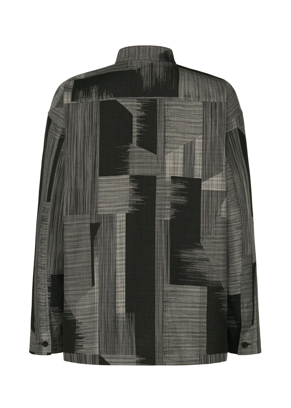 Back view of the IM MEN KASURI shirt showcasing a geometric, abstract pattern in black, gray, and charcoal tones. The design is inspired by traditional Kasuri weaving techniques and features vertical and horizontal lines along with rectangular shapes. view 3 of 8