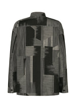 Back view of the IM MEN KASURI shirt showcasing a geometric, abstract pattern in black, gray, and charcoal tones. The design is inspired by traditional Kasuri weaving techniques and features vertical and horizontal lines along with rectangular shapes.