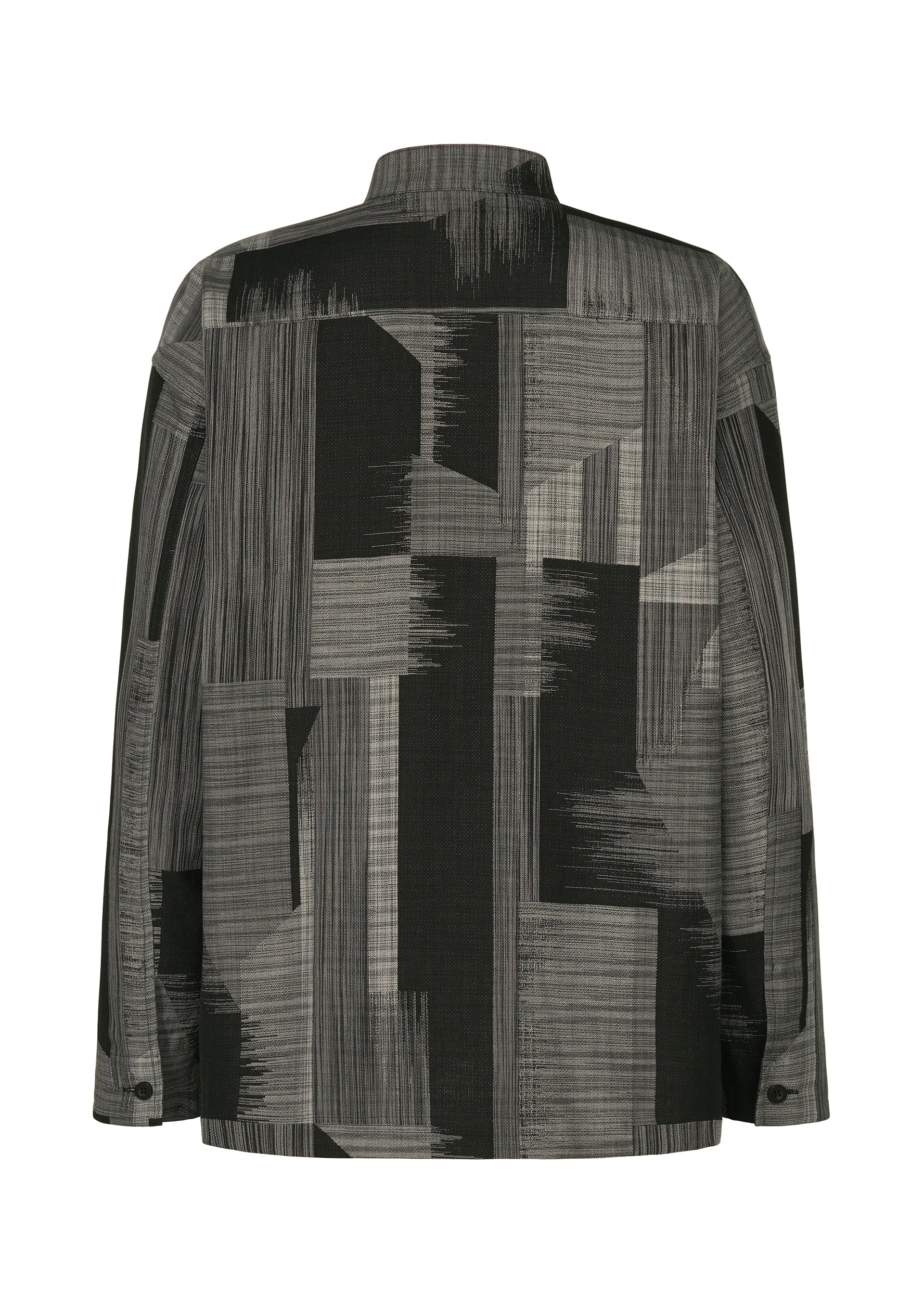 Zoomed view Back view of the IM MEN KASURI shirt showcasing a geometric, abstract pattern in black, gray, and charcoal tones. The design is inspired by traditional Kasuri weaving techniques and features vertical and horizontal lines along with rectangular shapes.