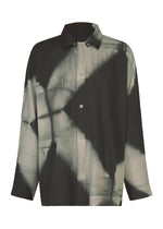 The ITAJIME SHIRT by IM MEN is a long-sleeve button-up shirt with a collar, showcasing an abstract black and white geometric pattern inspired by traditional itajime shibori dyeing techniques. This distinctive design brings a modern twist to classic craftsmanship, making the geometric pattern shirt truly stand out. - BLACK （no.15）