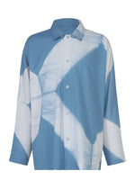 The ITAJIME SHIRT by IM MEN is a long-sleeve button-up shirt with a collar, showcasing a blue and white abstract geometric pattern inspired by traditional Itajime Shibori dyeing techniques. This modern shirt offers a fresh take on classic craftsmanship. - LIGHT BLUE （no.70）