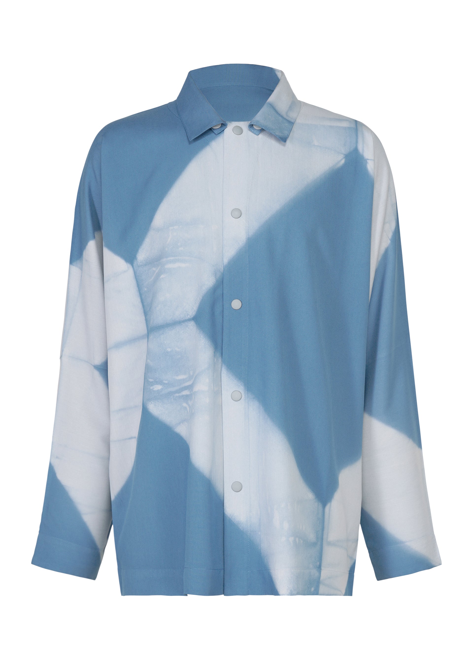 Zoomed view The ITAJIME SHIRT by IM MEN is a long-sleeve button-up shirt with a collar, showcasing a blue and white abstract geometric pattern inspired by traditional Itajime Shibori dyeing techniques. This modern shirt offers a fresh take on classic craftsmanship. - LIGHT BLUE （no.70）
