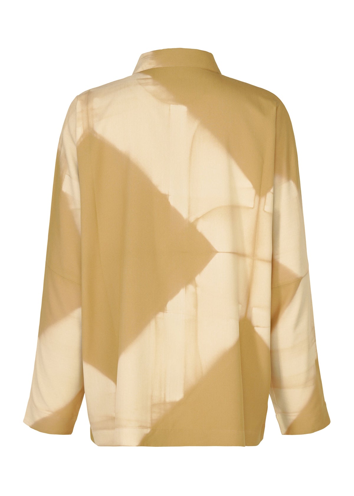 The ITAJIME SHIRT by IM MEN is a beige, long-sleeve shirt featuring a loose fit and an abstract geometric cream pattern created with the traditional Itajime Shibori dyeing technique. Displayed from the back against a white background. view 3 of 9