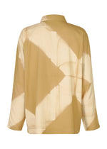 The ITAJIME SHIRT by IM MEN is a beige, long-sleeve shirt featuring a loose fit and an abstract geometric cream pattern created with the traditional Itajime Shibori dyeing technique. Displayed from the back against a white background.
