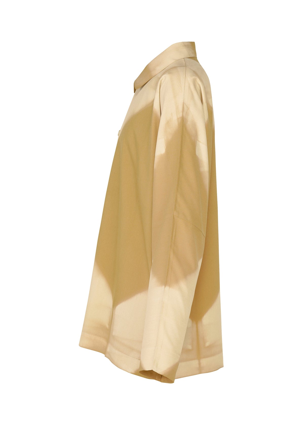 Side view of the IM MEN ITAJIME SHIRT—a beige, long-sleeve button-up with a collar—displayed against a white background. This shirt features a geometric pattern inspired by traditional dyeing techniques, offering subtle visual interest and timeless appeal. view 4 of 9