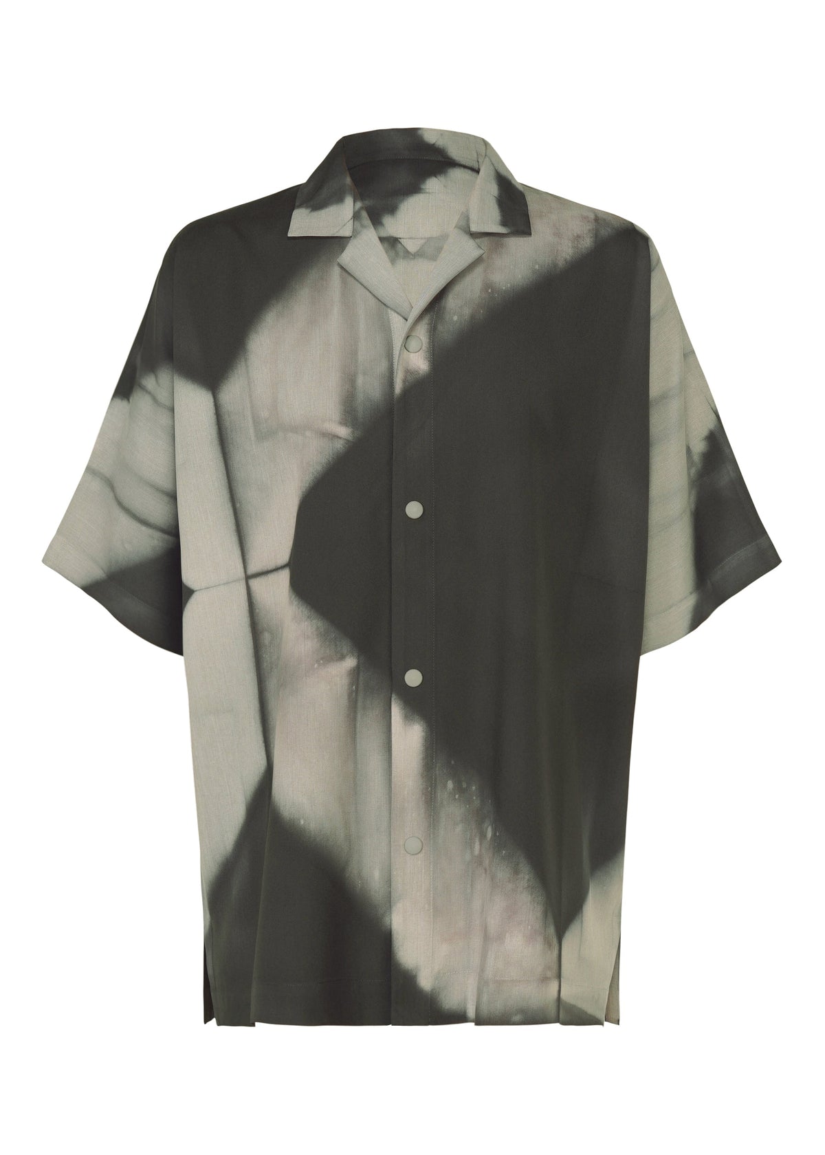 The ITAJIME SHIRT by IM MEN is a short-sleeved button-up featuring a relaxed fit, pointed collar, and a black and gray abstract geometric-inspired pattern. view 1 of 10