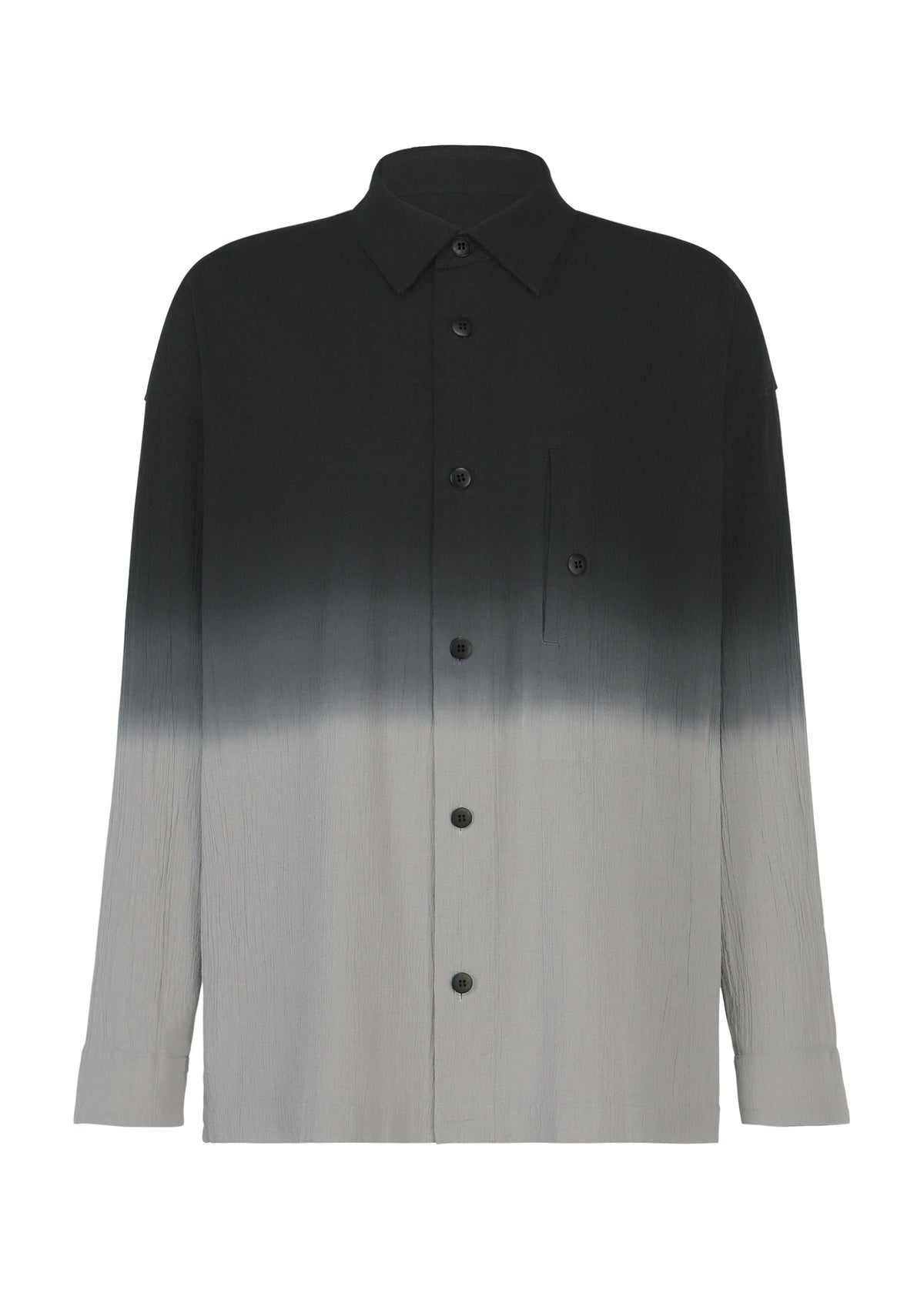 Introducing the DRIP SHIRT by IM MEN—a stylish long-sleeved button-up shirt made from soft cotton crepe, showcasing a bold black-to-gray gradient dye design, complemented by a single chest pocket and a classic collar. view 1 of 9
