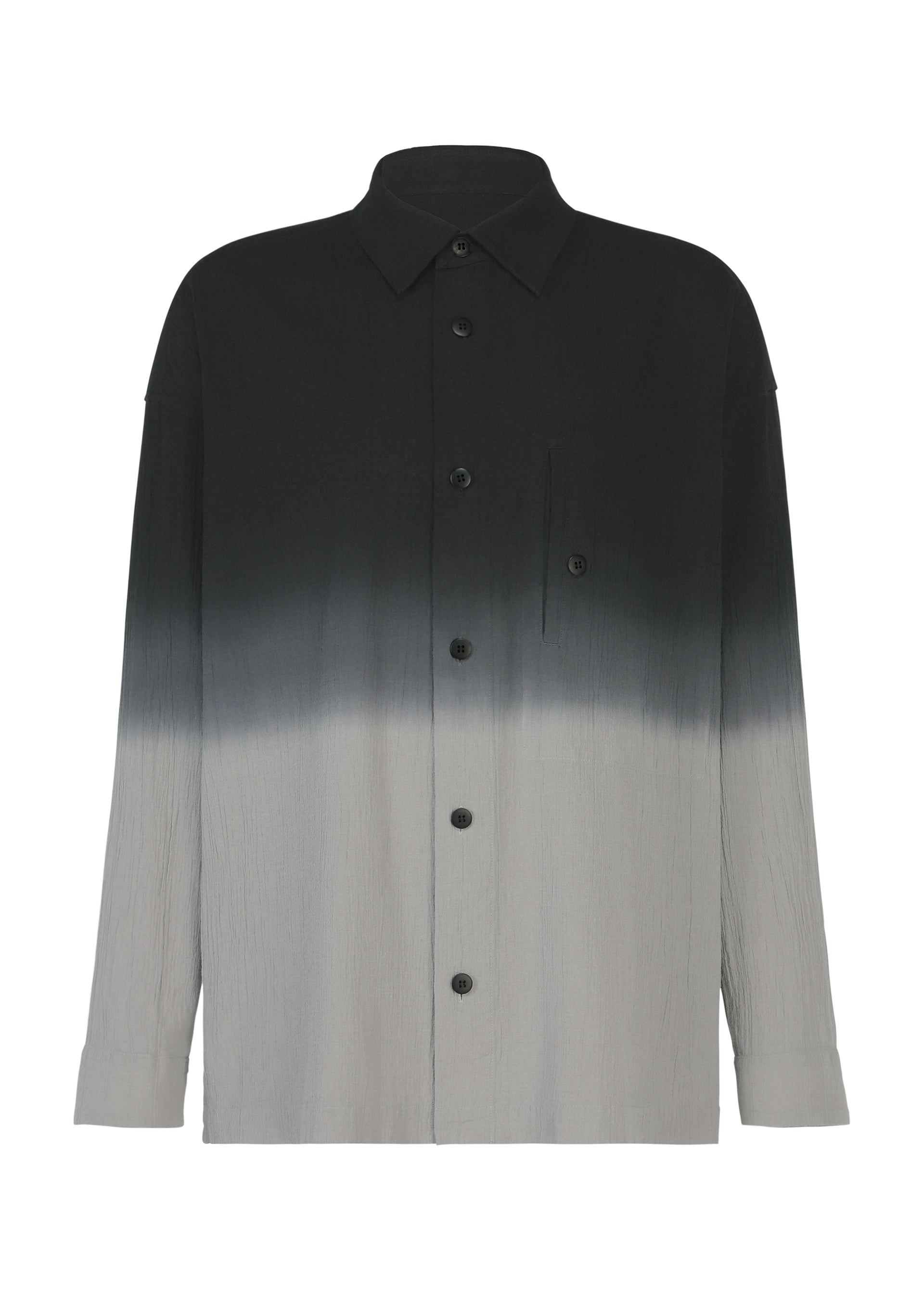 Zoomed view Introducing the DRIP SHIRT by IM MEN—a stylish long-sleeved button-up shirt made from soft cotton crepe, showcasing a bold black-to-gray gradient dye design, complemented by a single chest pocket and a classic collar. - BLACK （no.15）