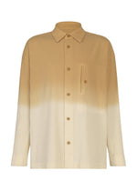 The DRIP SHIRT by IM MEN is a long-sleeved cotton crepe shirt showcasing a gradient design that transitions from light brown at the top to cream at the bottom, and includes a chest pocket. - BEIGE （no.41）