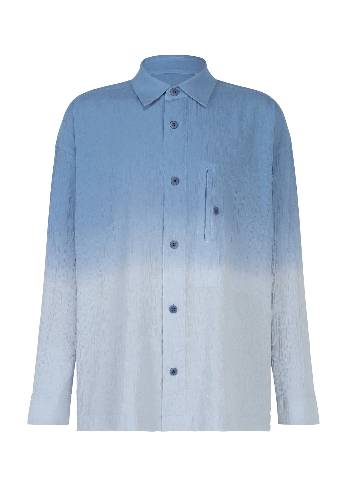 The DRIP SHIRT by IM MEN is a long-sleeved, button-up cotton crepe shirt with a single chest pocket, featuring a gradient pattern that fades from medium blue at the top to light blue at the bottom. view 3 of 9