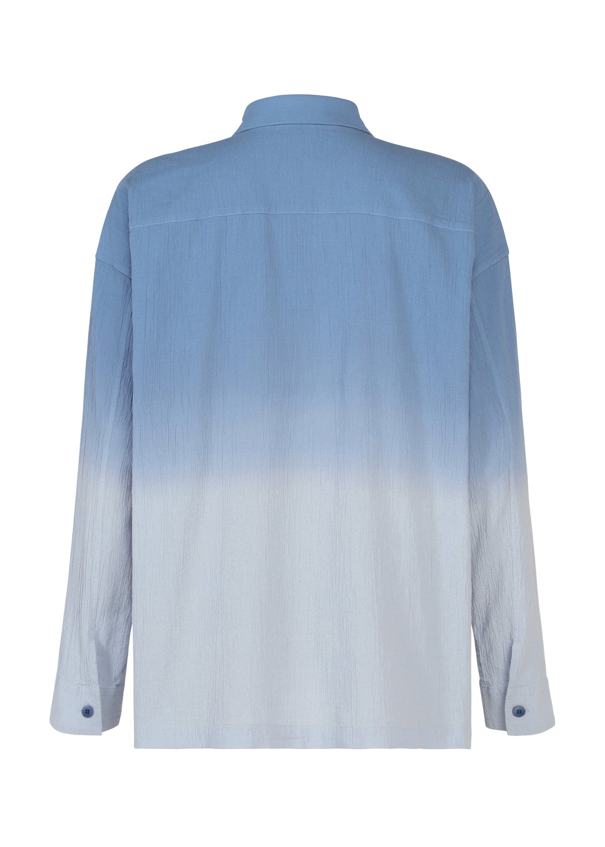 The DRIP SHIRT by IM MEN is a long-sleeved button-up crafted from cotton crepe, featuring a subtle textured finish and a striking blue-to-light-blue ombre gradient. Shown from the back, this shirt showcases the unique appeal of its gradient dye design. view 4 of 9