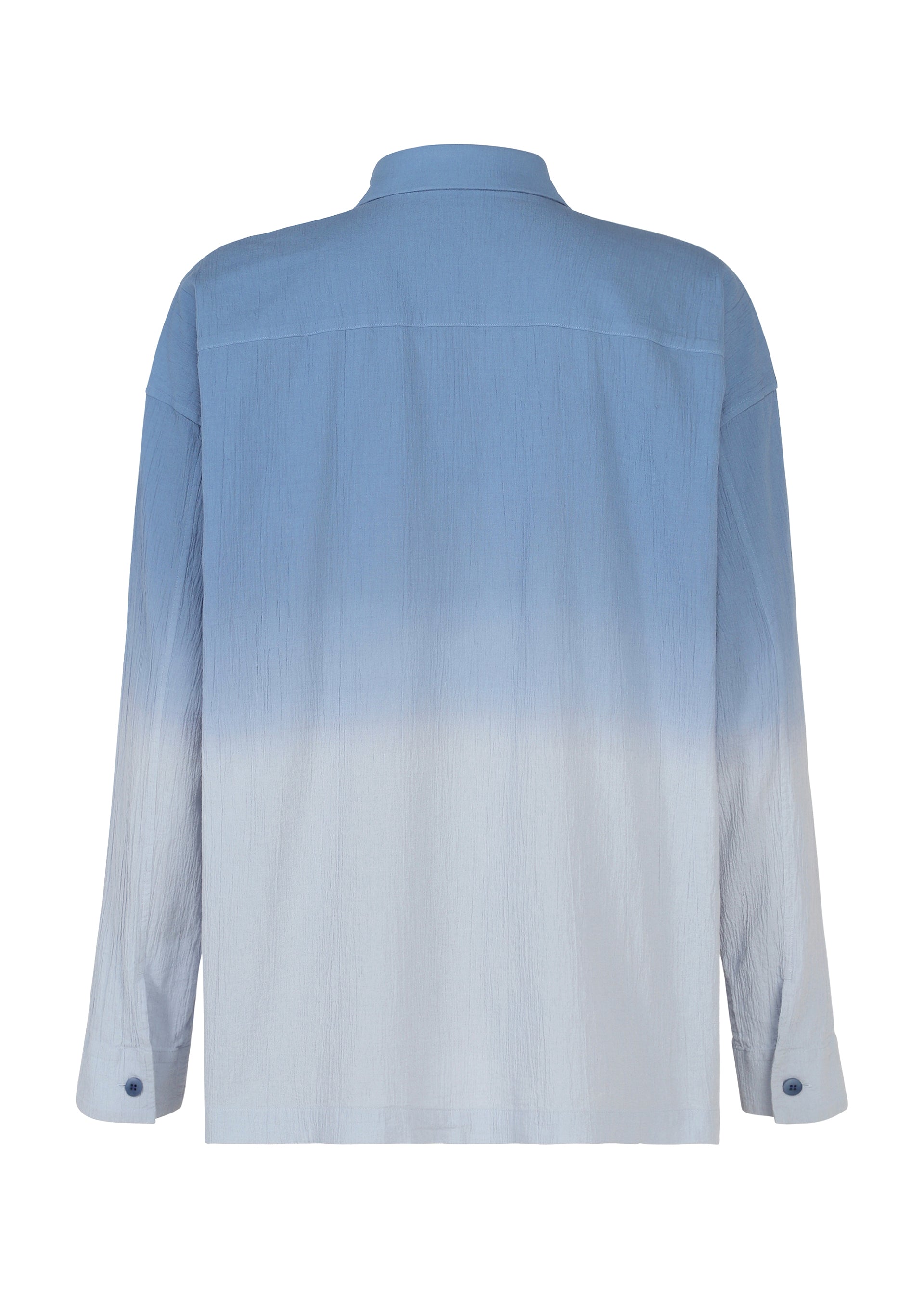 Zoomed view The DRIP SHIRT by IM MEN is a long-sleeved button-up crafted from cotton crepe, featuring a subtle textured finish and a striking blue-to-light-blue ombre gradient. Shown from the back, this shirt showcases the unique appeal of its gradient dye design.