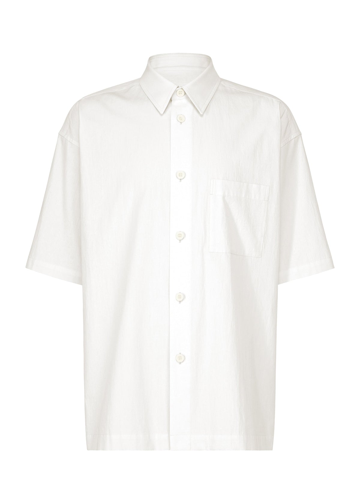 The WHITE SHIRT by IM MEN is a classic white, short-sleeved shirt with a regular collar, made from a soft cotton-linen-ramie blend. It features a single chest pocket and is displayed against a white background. view 1 of 9