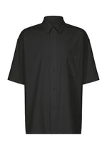 A short-sleeved WHITE SHIRT by IM MEN, featuring a regular collar, single chest pocket, and crafted from soft cotton linen ramie, displayed on a plain white background. - BLACK （no.15）