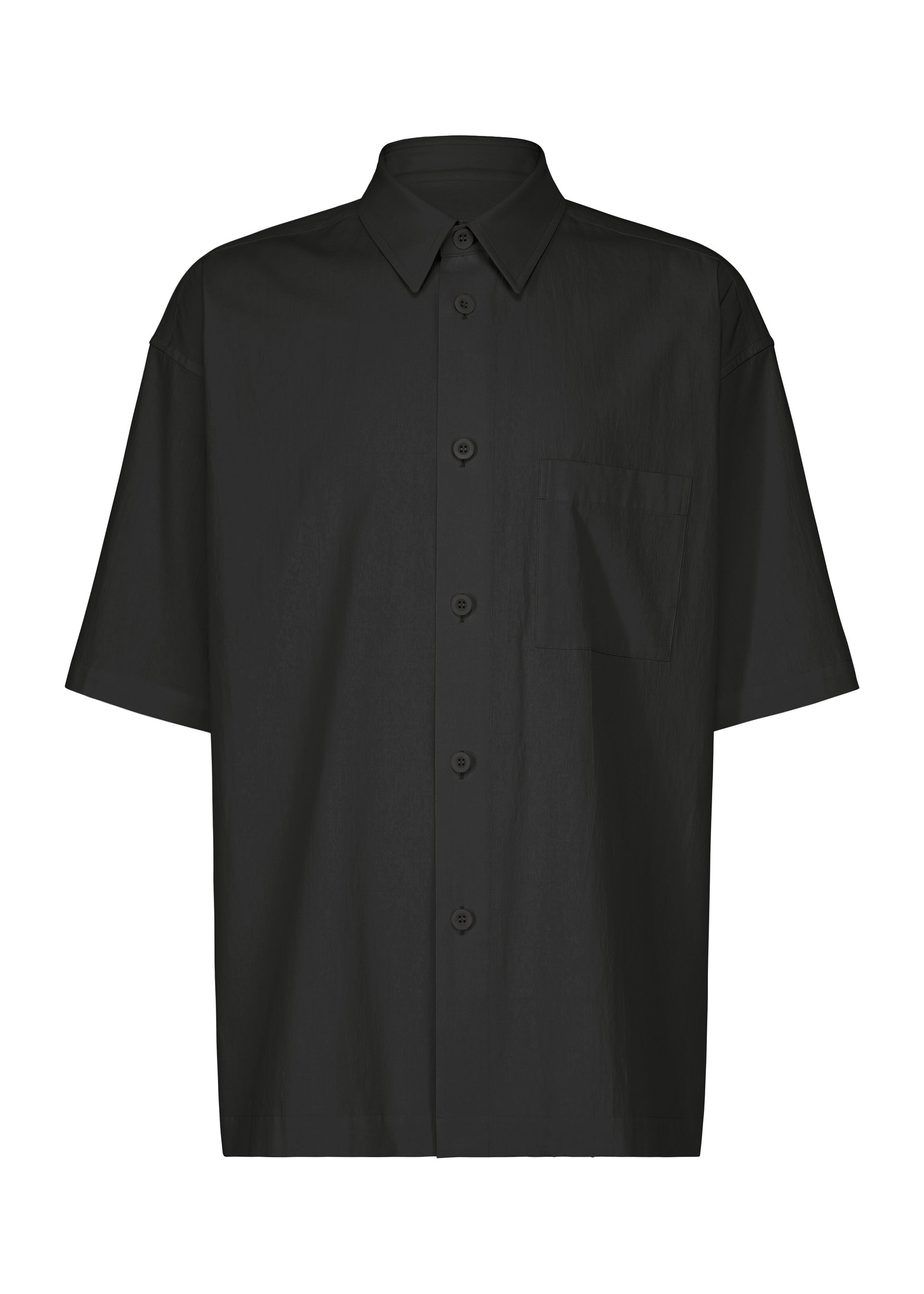 Zoomed view A short-sleeved WHITE SHIRT by IM MEN, featuring a regular collar, single chest pocket, and crafted from soft cotton linen ramie, displayed on a plain white background. - BLACK （no.15）
