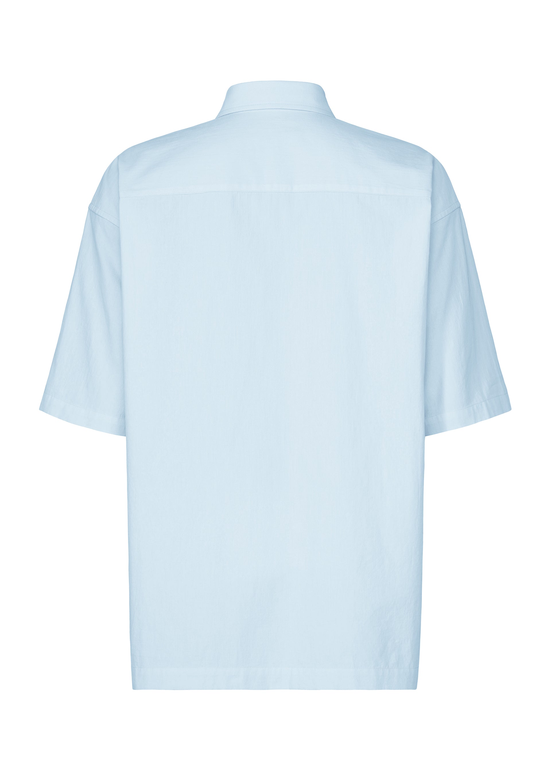 Zoomed view An IM MEN WHITE SHIRT is displayed from the back, featuring a simple collar and short sleeves. The shirt has no visible patterns, designs, or logos, and the fabric looks smooth and lightweight.