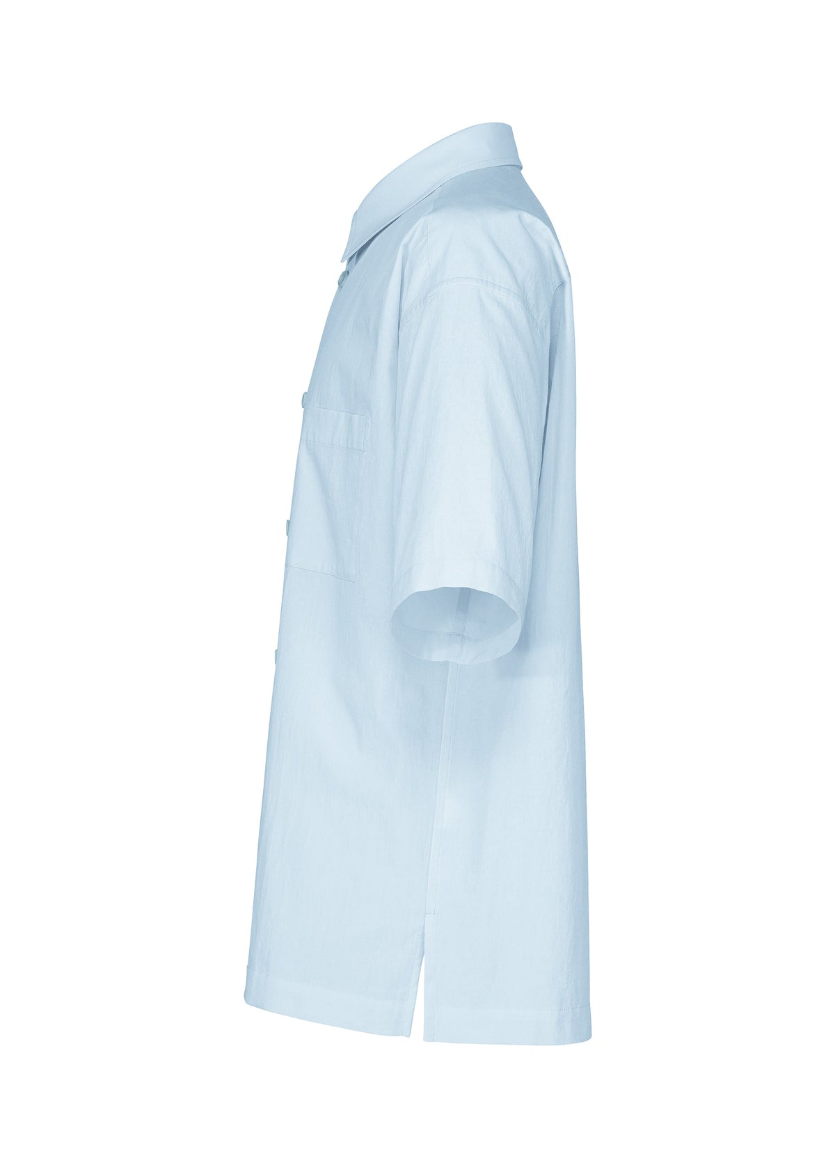 White shirt with short sleeves, shown from the side. This regular-collar IM MEN shirt features a single chest pocket and is crafted from a comfortable cotton linen ramie blend, offering a clean and simple design. view 5 of 9
