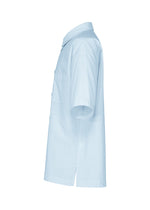 White shirt with short sleeves, shown from the side. This regular-collar IM MEN shirt features a single chest pocket and is crafted from a comfortable cotton linen ramie blend, offering a clean and simple design.