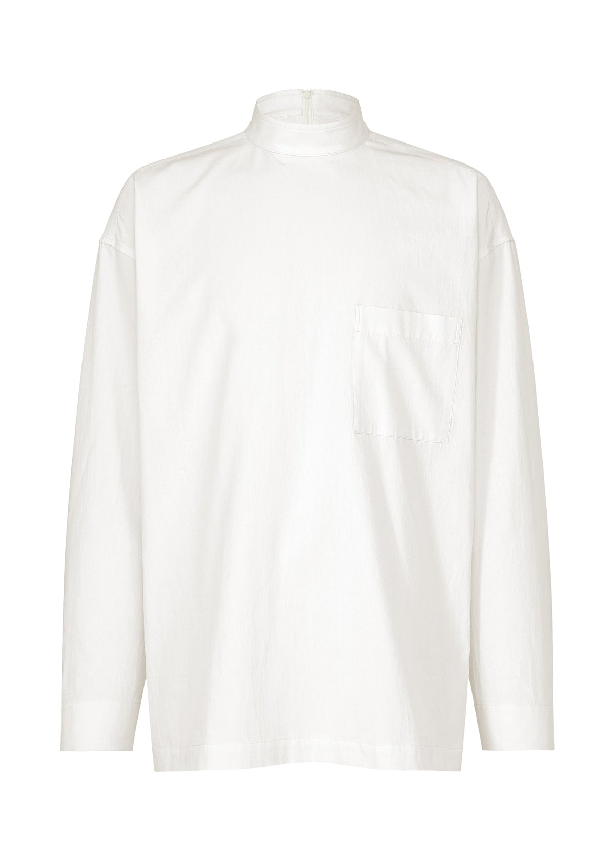 The WHITE SHIRT by IM MEN is a plain white long-sleeved pullover with a high collar and a chest pocket, crafted from a comfortable cotton-linen blend. Featuring a relaxed silhouette, it is displayed on a white background. view 1 of 8