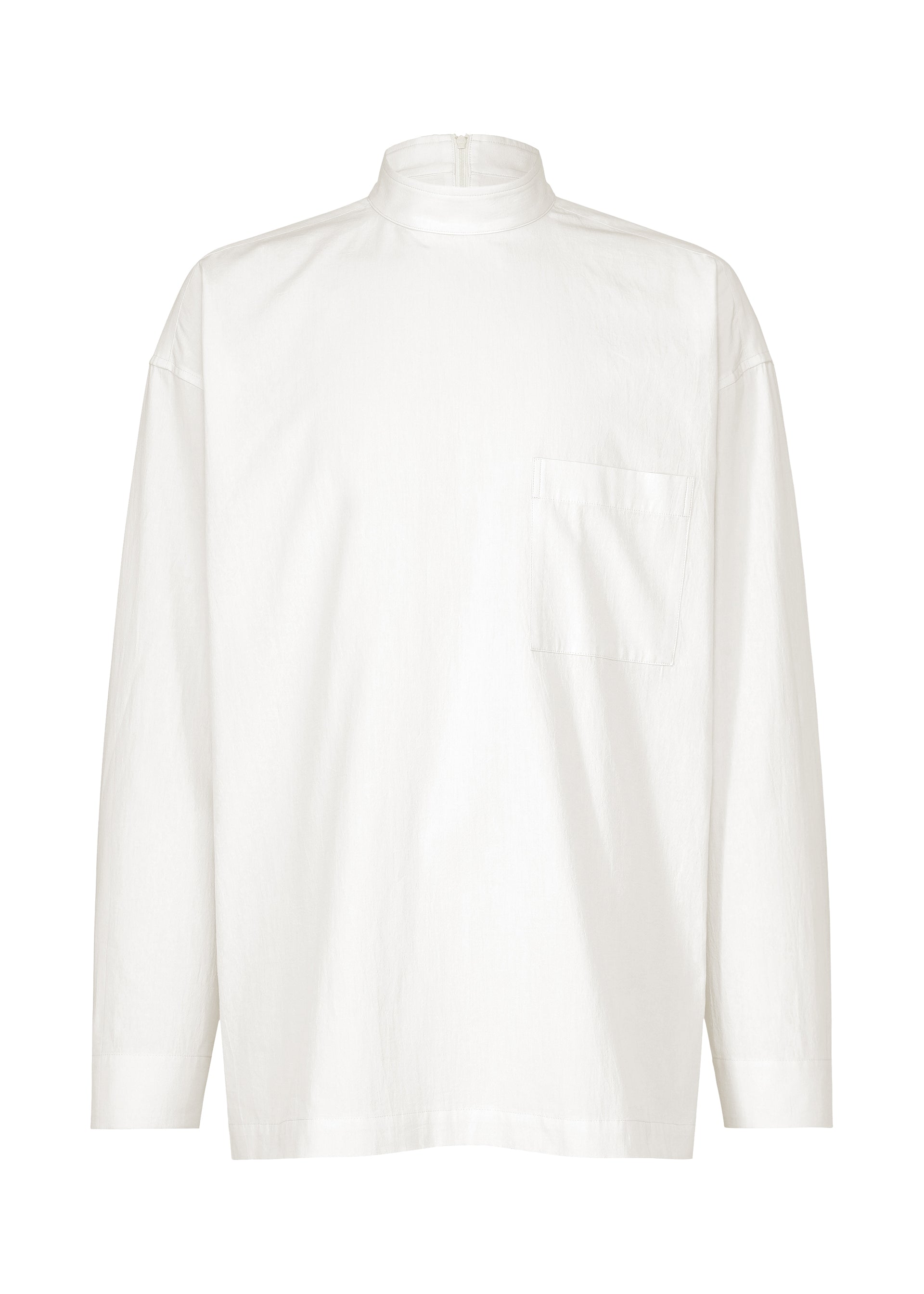 Zoomed view The WHITE SHIRT by IM MEN is a plain white long-sleeved pullover with a high collar and a chest pocket, crafted from a comfortable cotton-linen blend. Featuring a relaxed silhouette, it is displayed on a white background. - WHITE （no.01）