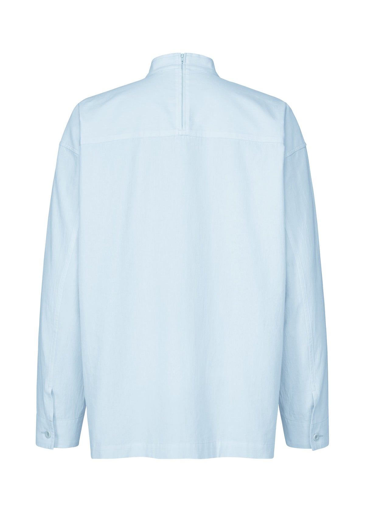 The WHITE SHIRT by IM MEN is a light blue, long-sleeve cotton-linen pullover shown from the back, featuring a stand collar, buttoned cuffs, and a straight hem. With its relaxed silhouette, this shirt offers a simple and minimalist design. view 4 of 8