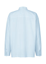 The WHITE SHIRT by IM MEN is a light blue, long-sleeve cotton-linen pullover shown from the back, featuring a stand collar, buttoned cuffs, and a straight hem. With its relaxed silhouette, this shirt offers a simple and minimalist design.