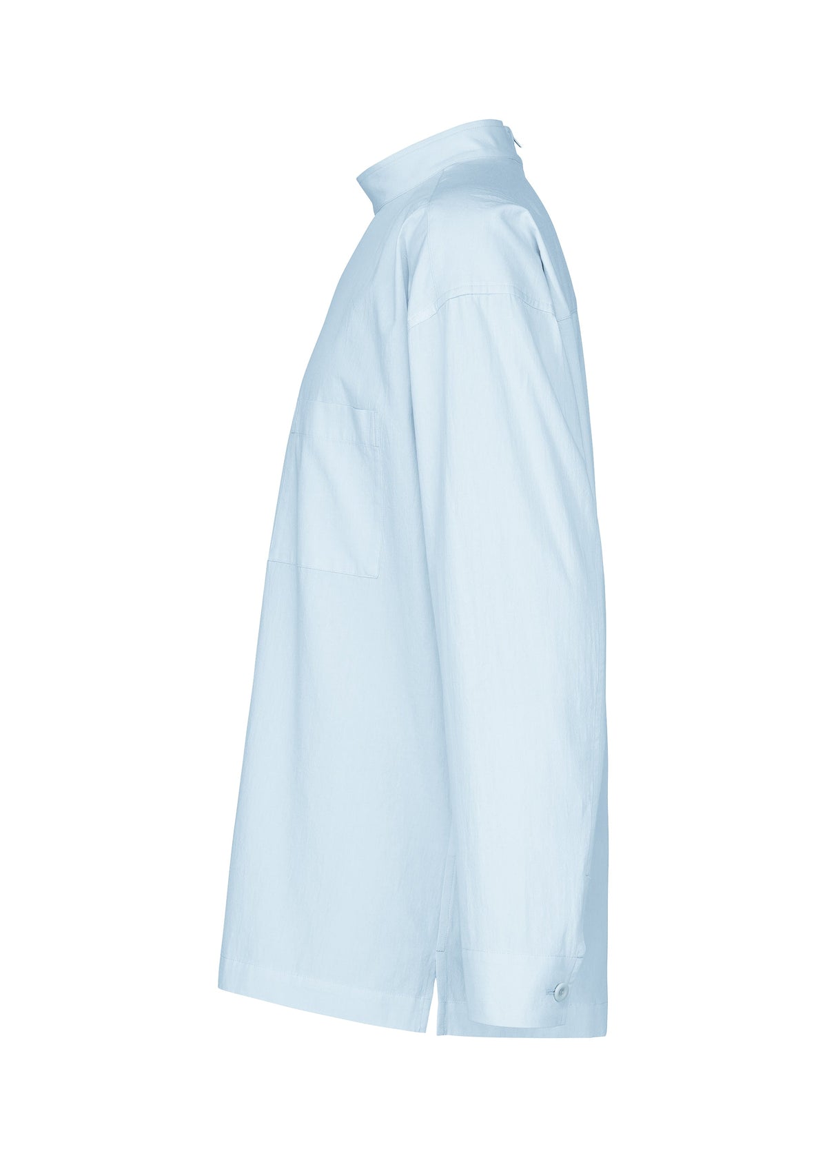 The WHITE SHIRT by IM MEN is displayed from the side against a white background. This long-sleeved shirt features a simple design with a chest pocket, straight hem, and relaxed silhouette for effortless style. view 5 of 8